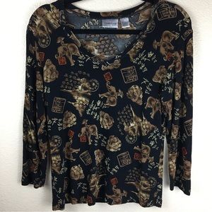 CHICO'S TRAVELERS Black Elephant Asian Buddha V-Neck 3/4 Sleeve Top Size 0/Small